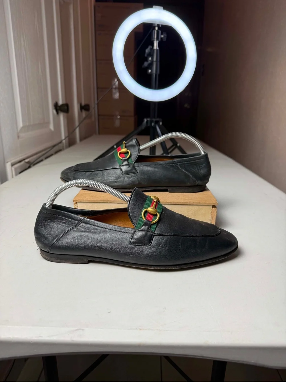 Gucci Brixton Black Leather Horsebit Web Loafers 6.5 UK / 7.5 US